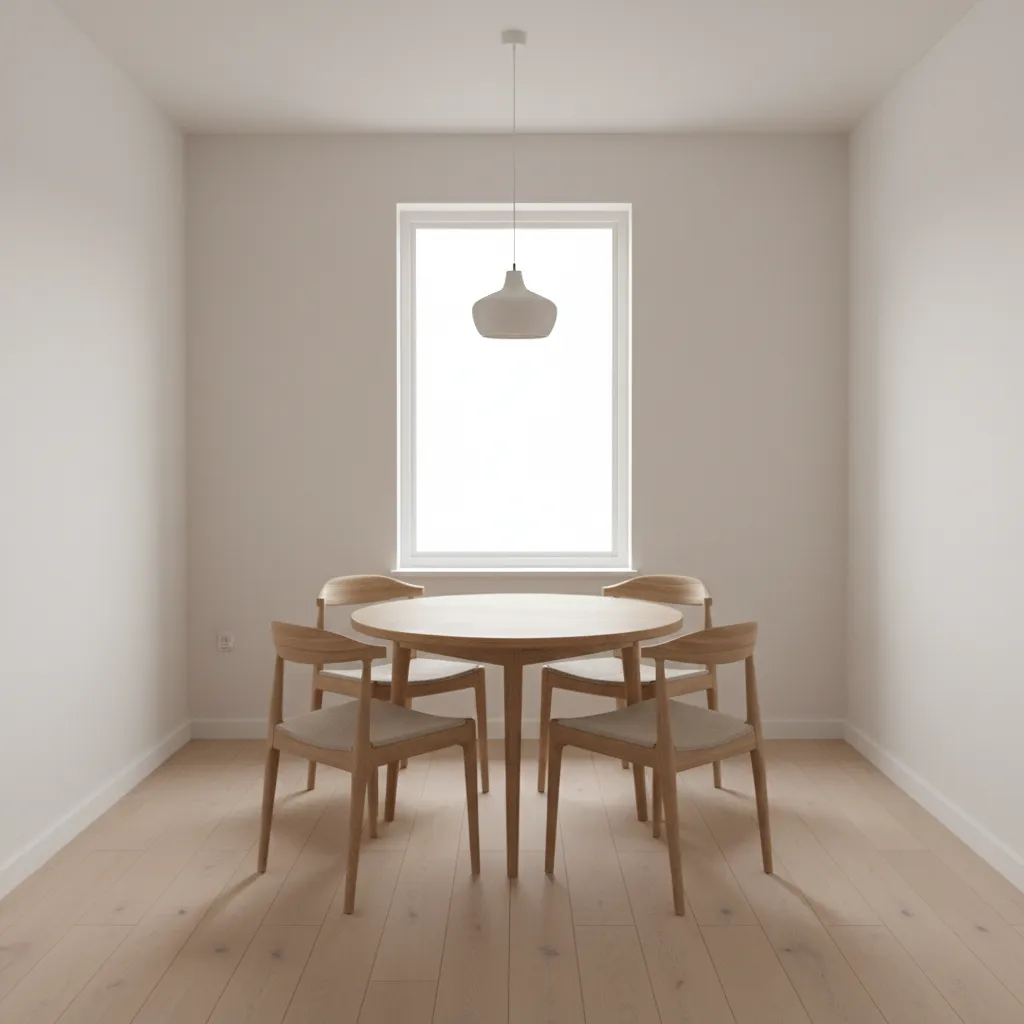 Round dining table layout in a small square dining room