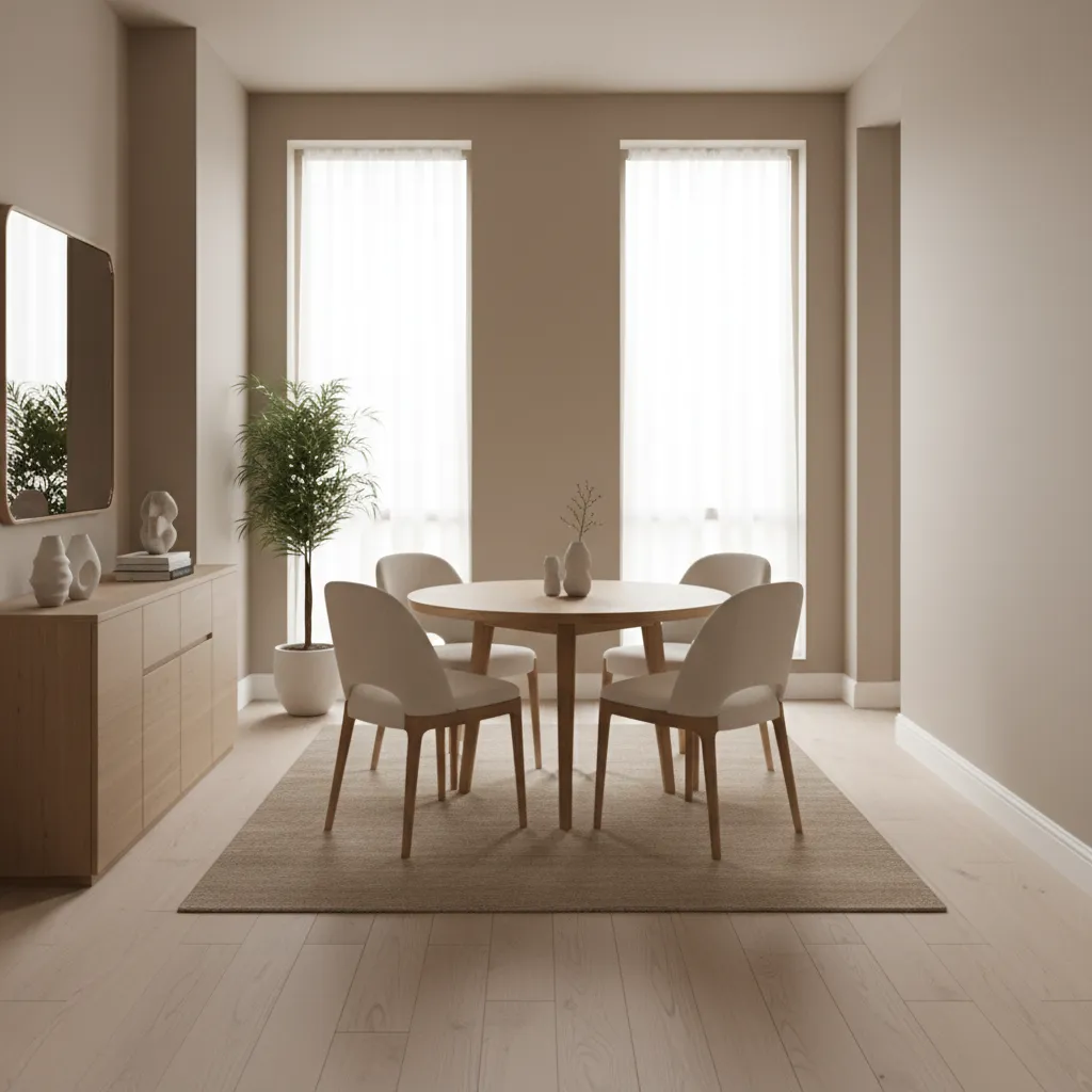 Round dining table improving circulation in narrow living dining room