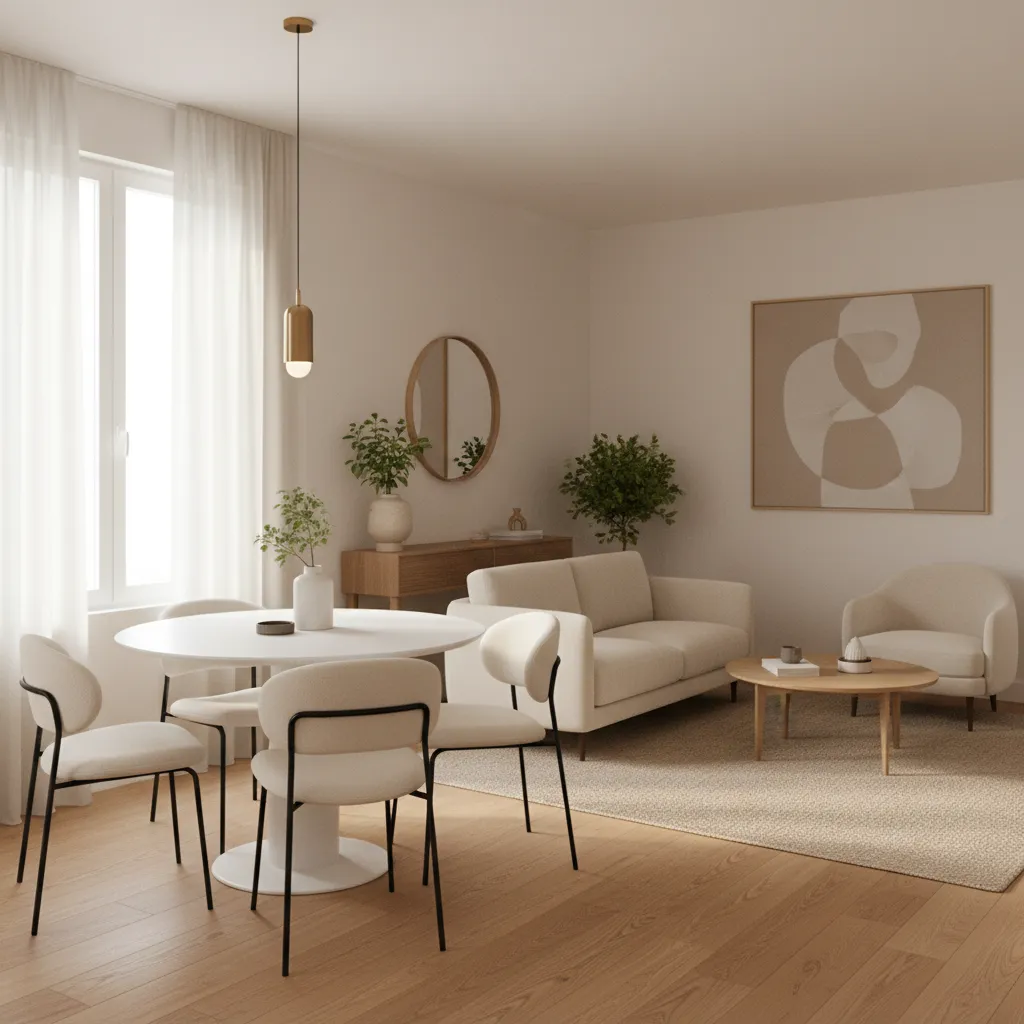 Round dining table in a compact living dining room layout