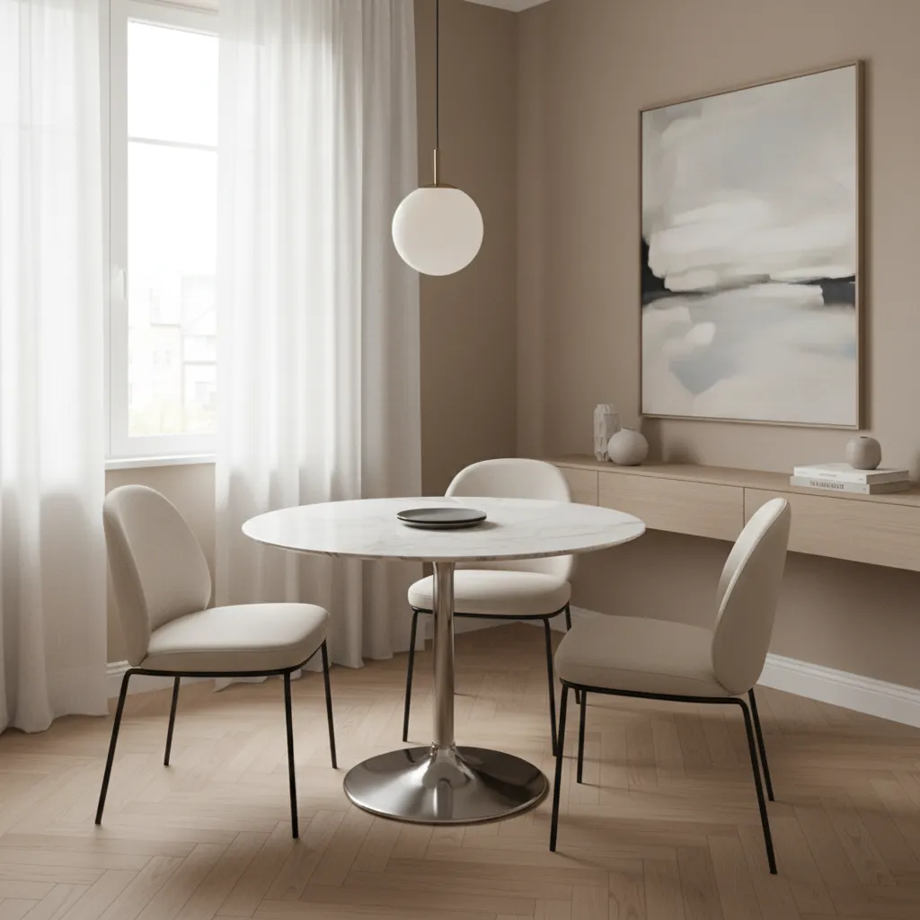 Round pedestal dining table in a compact living dining room layout
