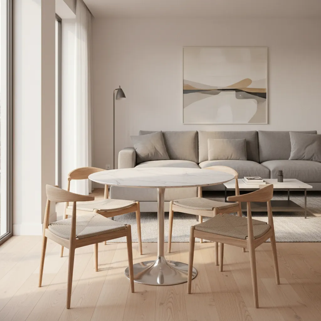 Round dining table in a small living dining room layout
