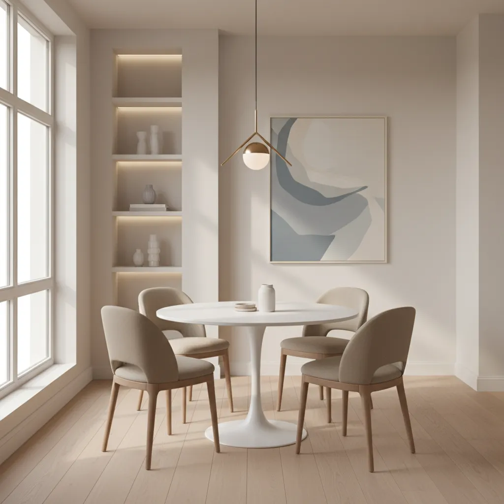 small dining room with round pedestal table and compact seating