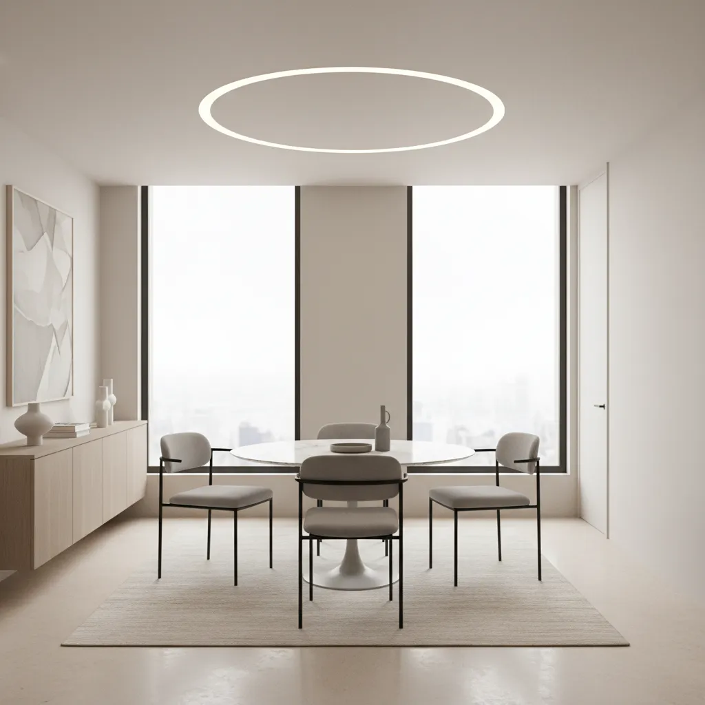 Round dining table layout improving circulation in a small dining room