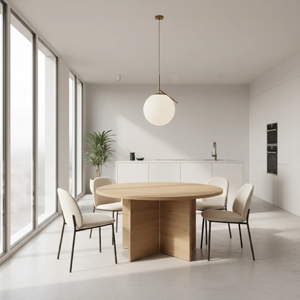 Round expandable dining table improving circulation in a compact dining room