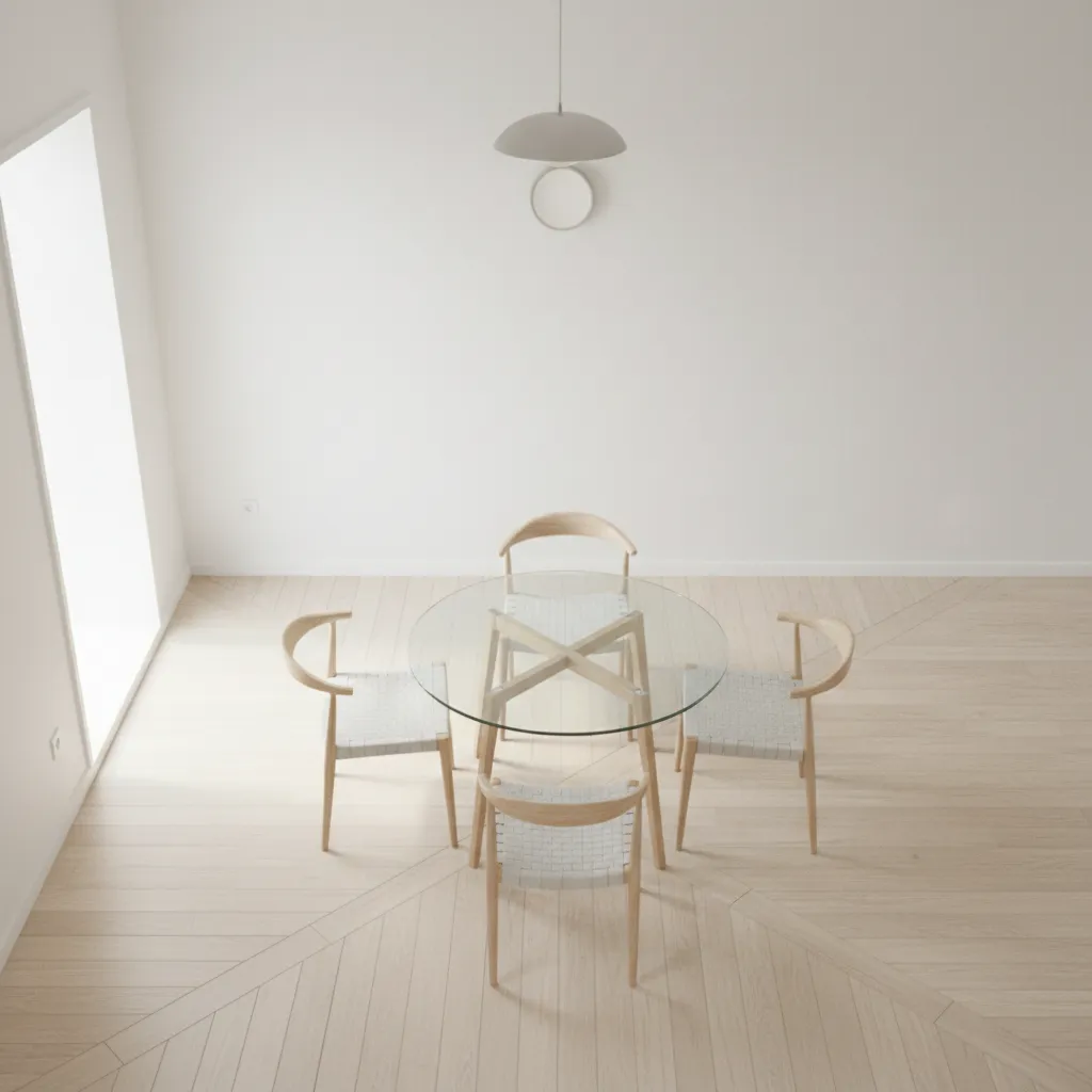 Round glass dining table layout in small dining room