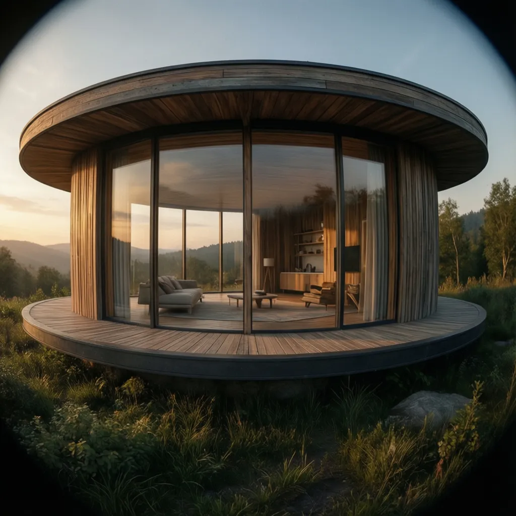 Modern circular house with panoramic windows in natural landscape