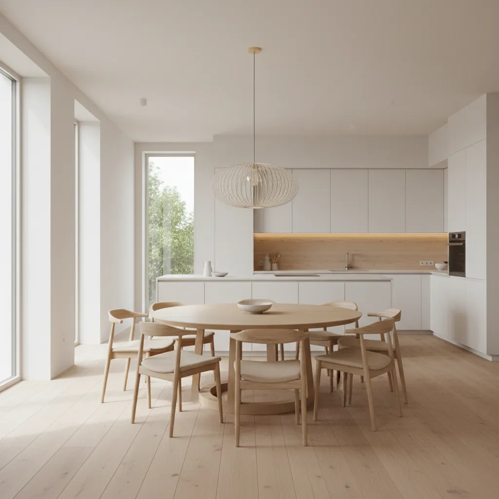 Round kitchen dining table for six in a bright modern kitchen