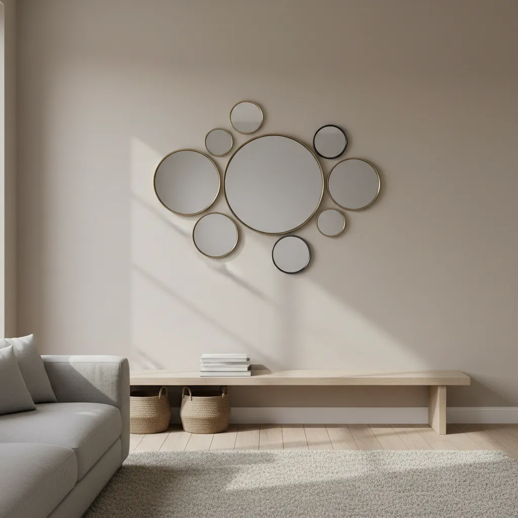 cluster of round mirrors arranged above console table in modern living room
