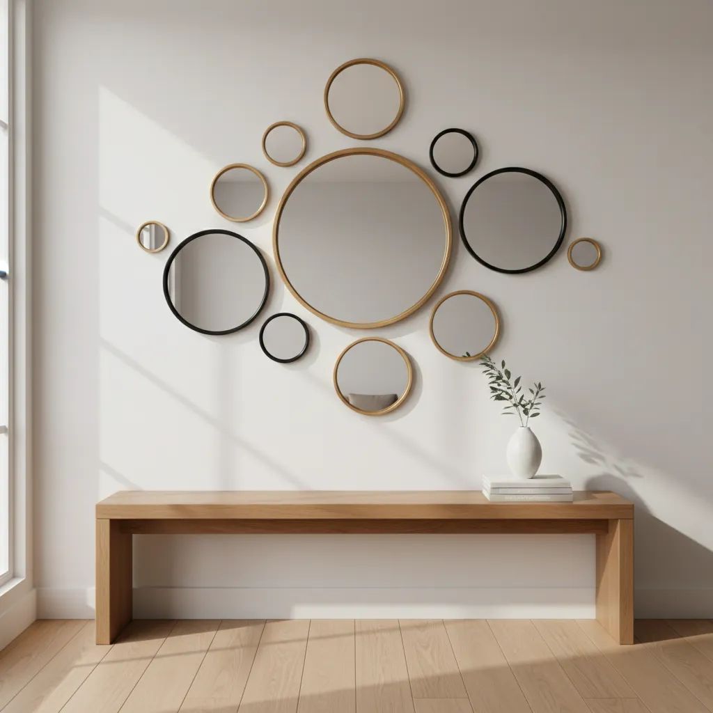 round mirror wall cluster using different mirror sizes for balanced layout