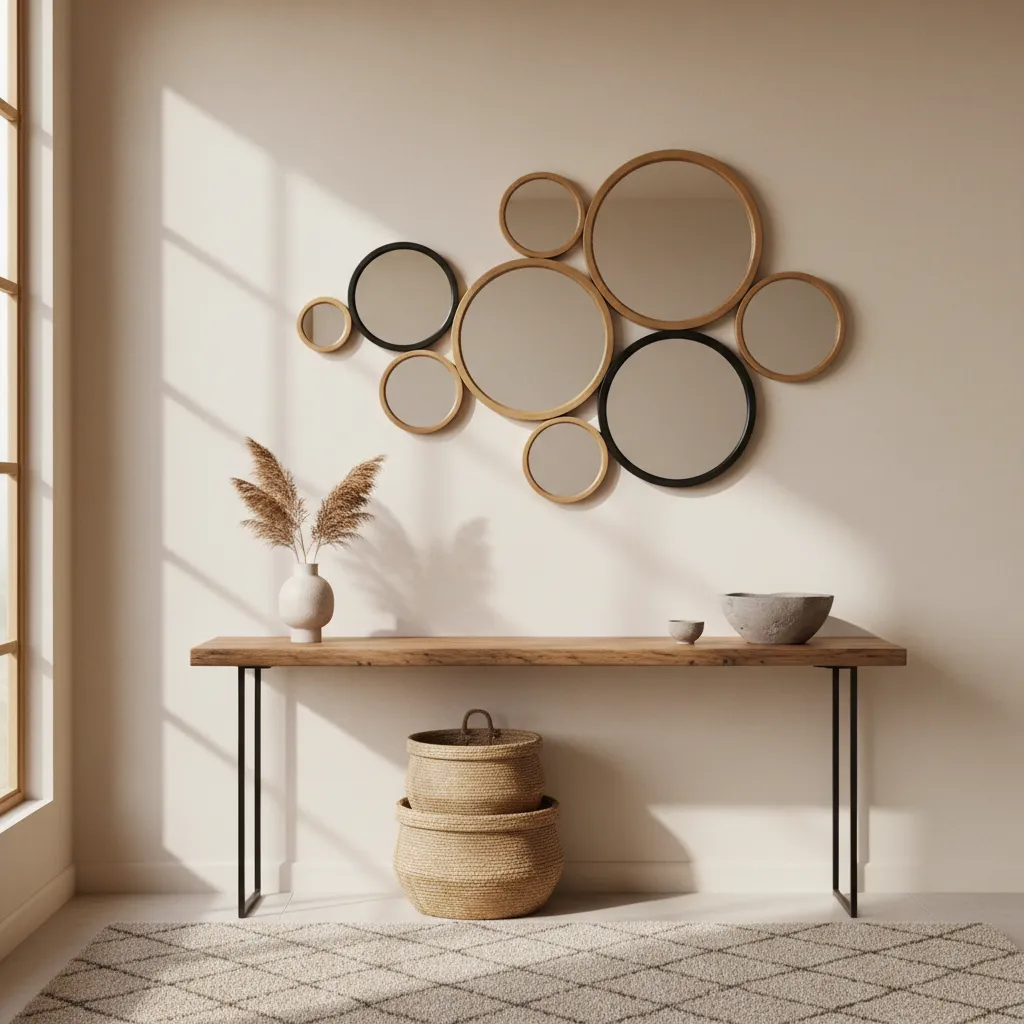 cluster arrangement of different size round mirrors above console table