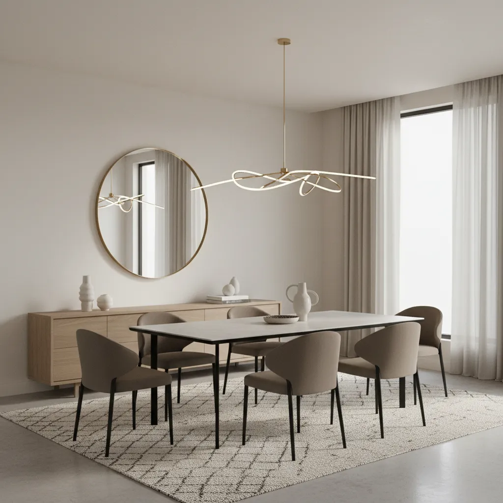 Round mirror above sideboard in modern dining room