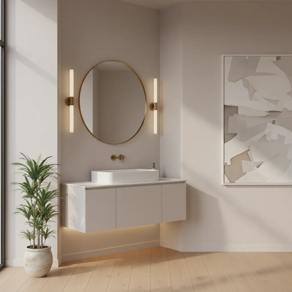 Modern dining room wash basin with round mirror and floating vanity