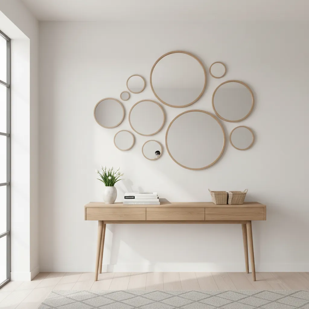 Gallery style round mirror arrangement creating depth on a wall