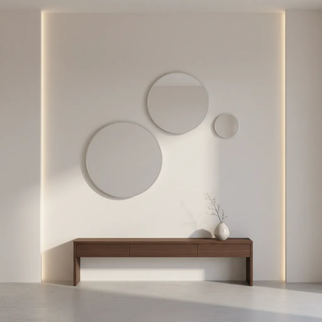 Wall layout showing different round mirror sizes used together