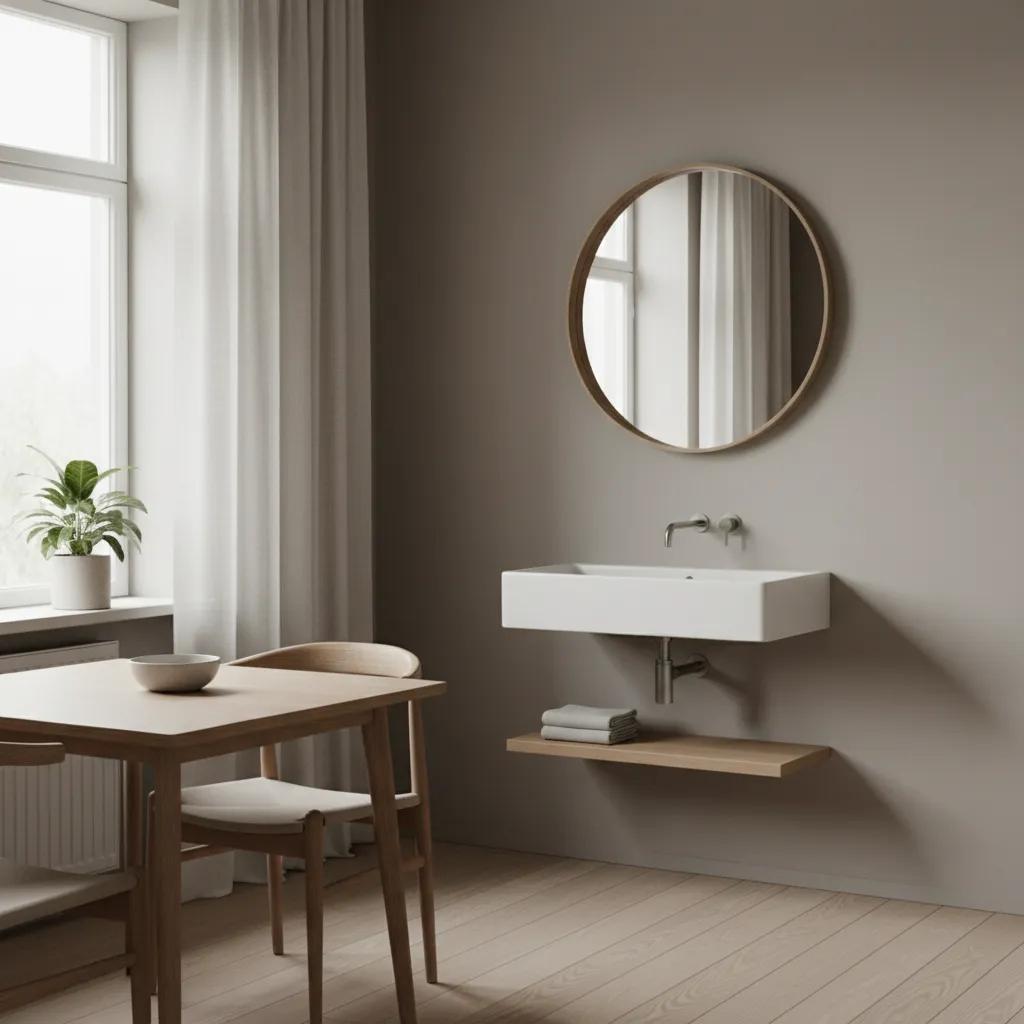 Small dining room basin area using round mirror to reduce visual clutter