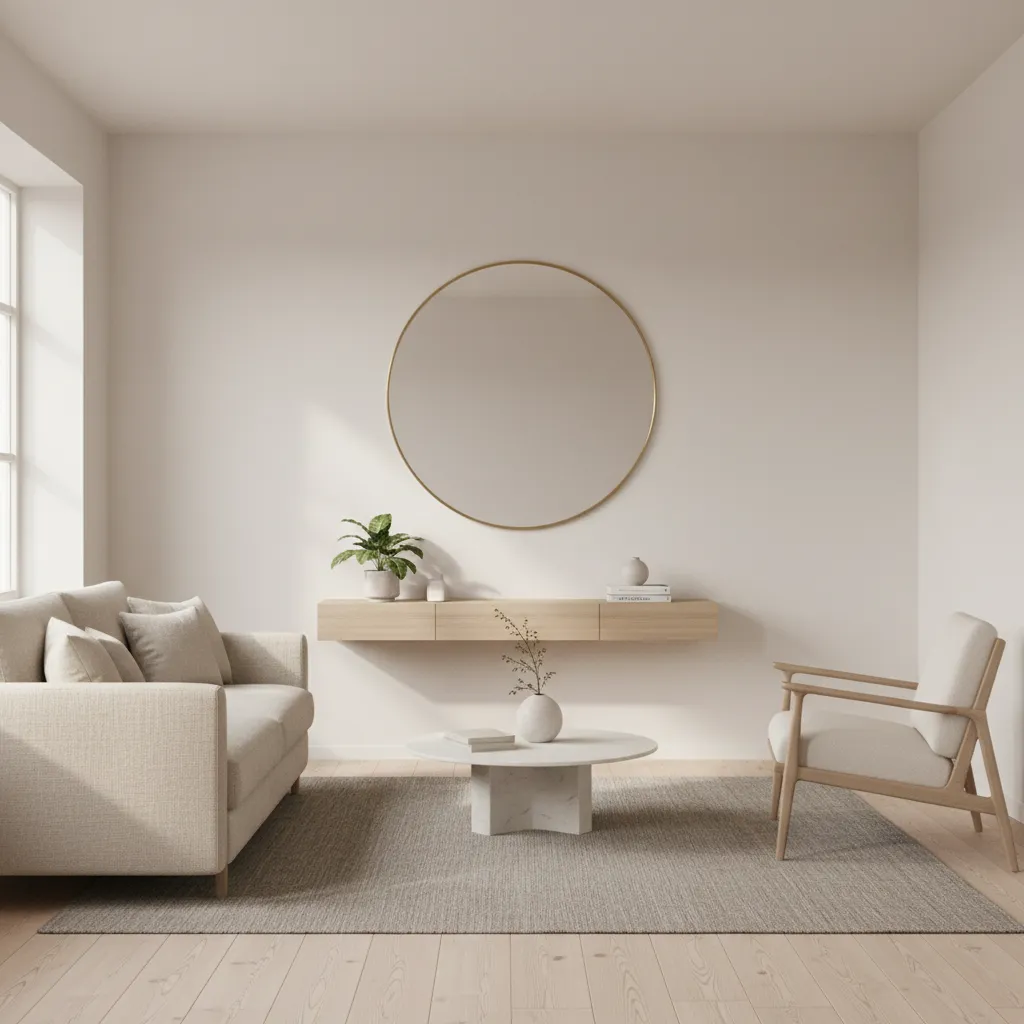 Small living room with a large round mirror above a console table