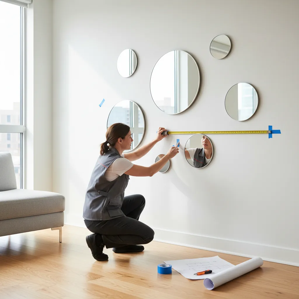 measuring spacing between round mirrors with tape and tape markers