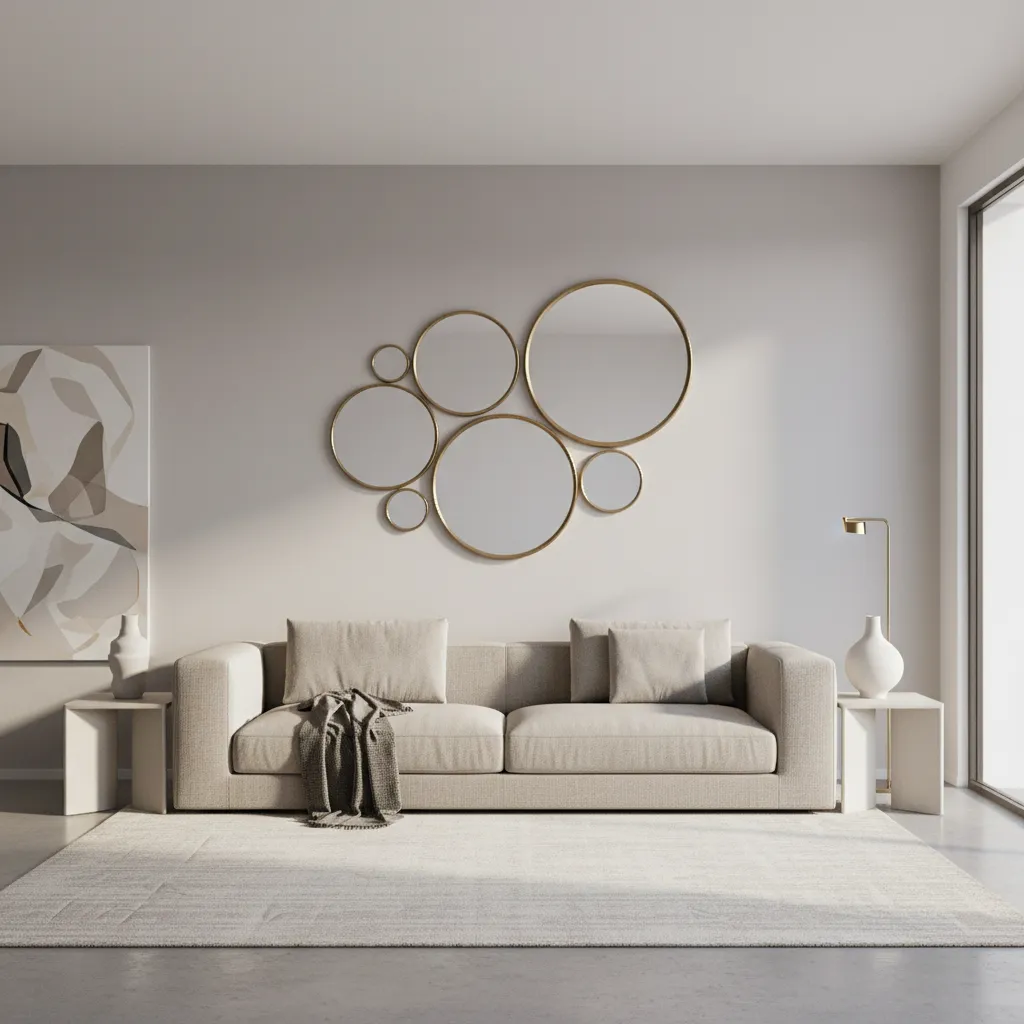 Decorative round mirror cluster above a sofa in a modern living room