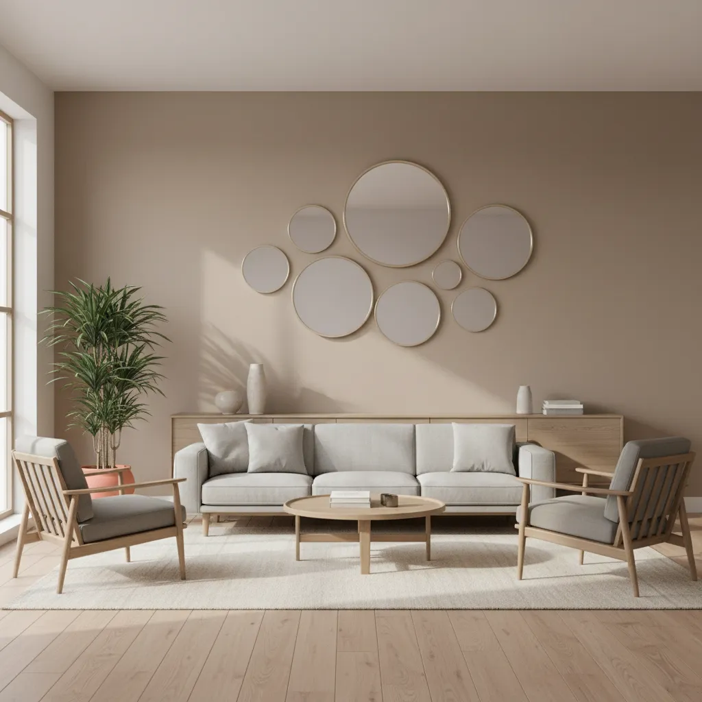 living room wall with multiple round mirrors arranged decoratively