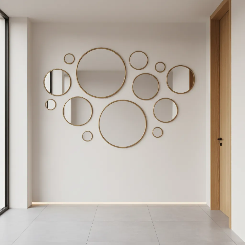 Interior wall with spaced round mirrors demonstrating balanced layout