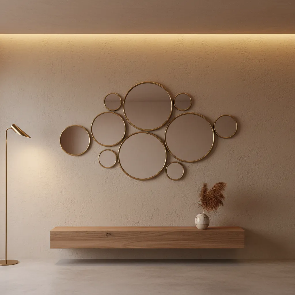 round mirrors mounted on textured plaster wall interior design