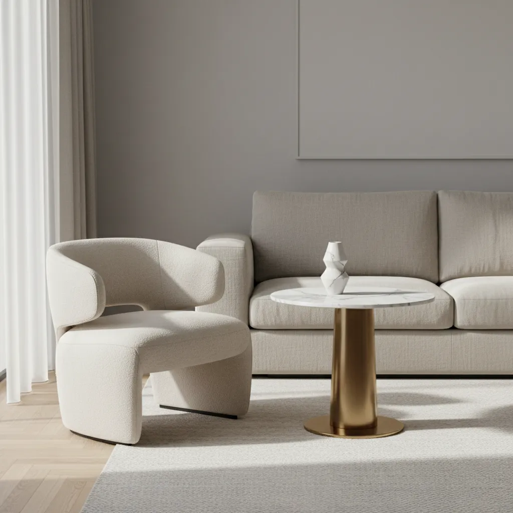 White curvy armchair next to marble side table with gold base and modern beige sofa