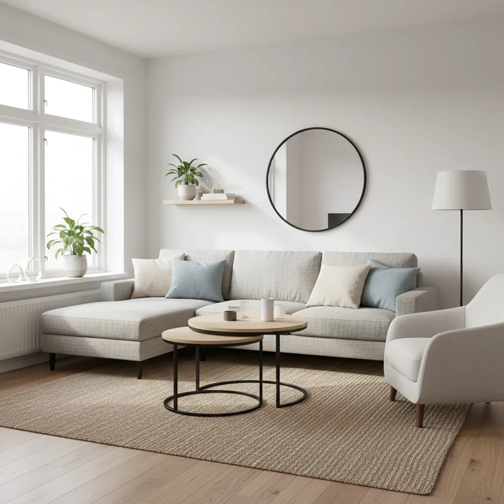 Round nesting coffee tables used in a compact living room layout