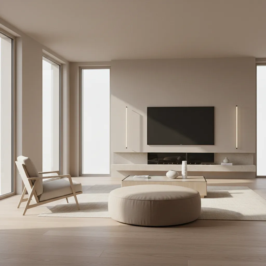 Angular modern chair paired with a round upholstered ottoman in a contemporary living room