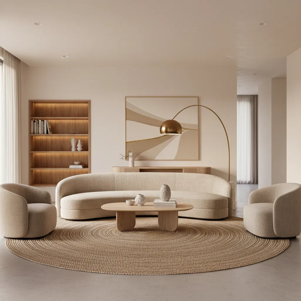 Curved sofa placed on round rug with arc floor lamp
