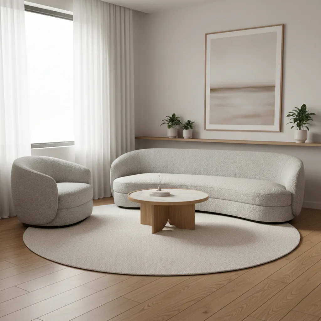 Round rug used in a small living room seating layout