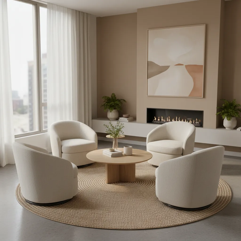 Four white swivel chairs around wooden coffee table on round rug near fireplace and painting