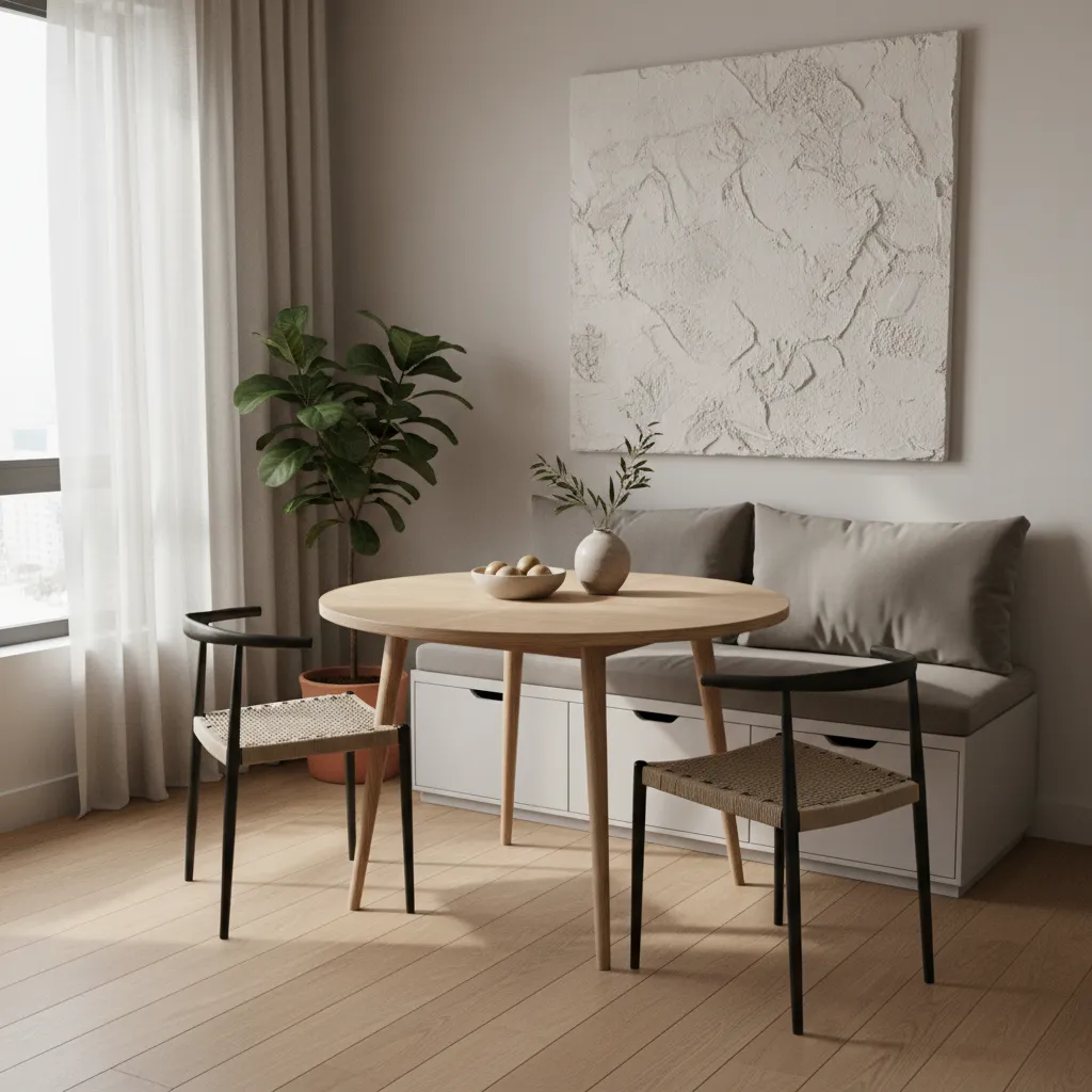 Small round dining table paired with a compact bench and two chairs