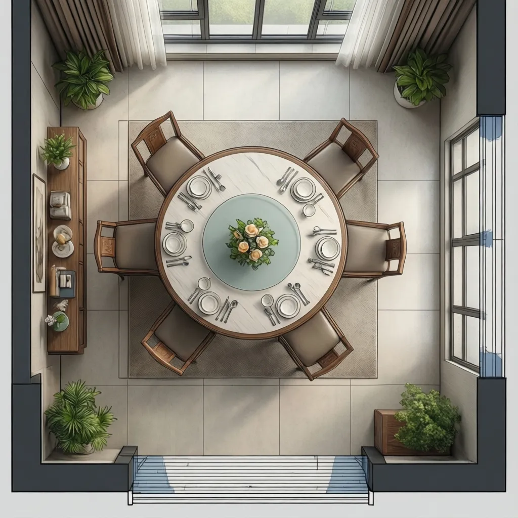 diagram showing clearance space around a round dining table