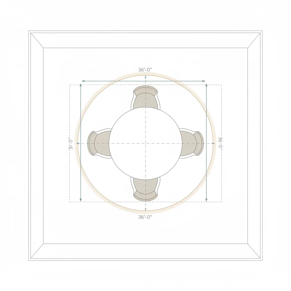 Diagram showing how round table diameter relates to room size