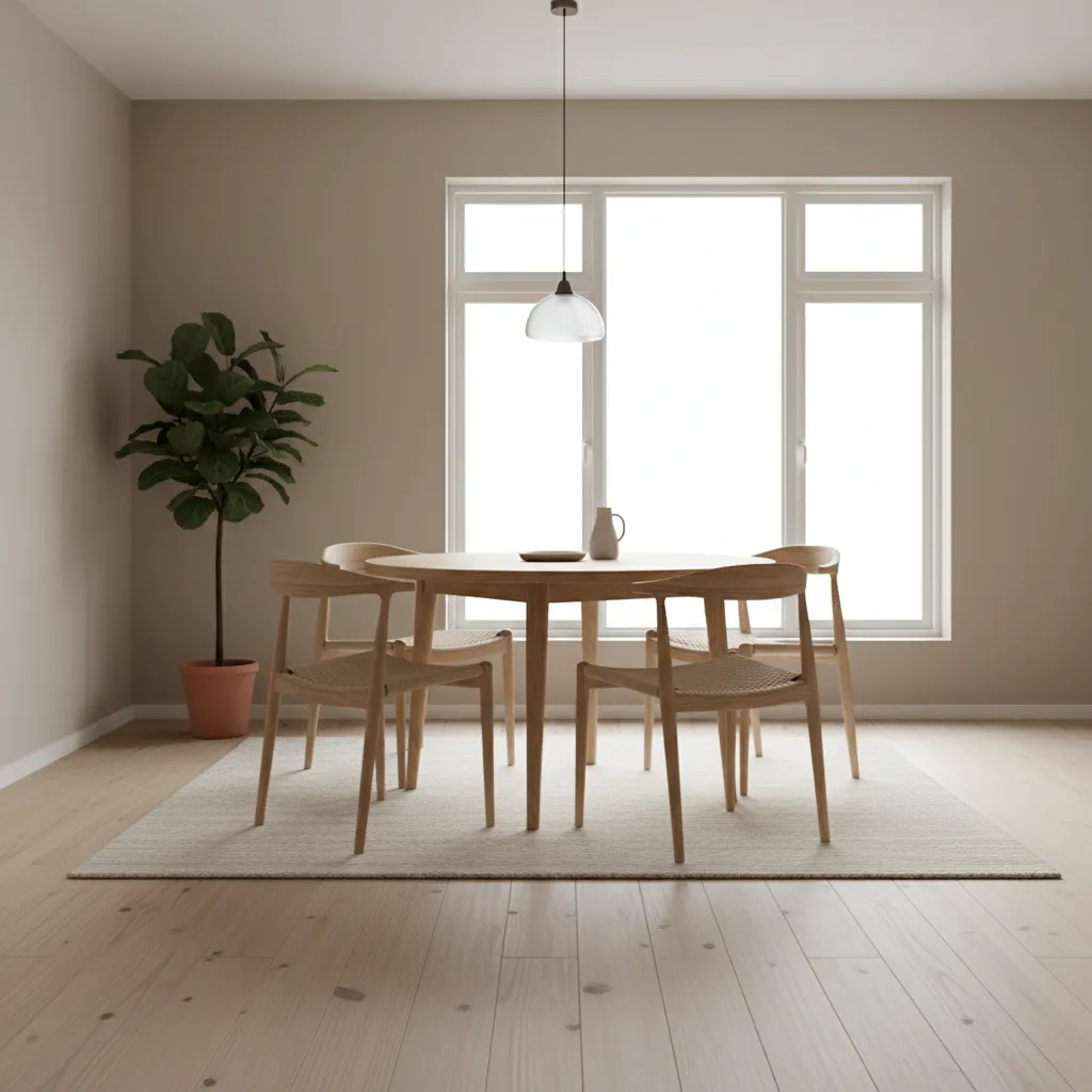 Modern dining room featuring a round dining table with balanced spacing