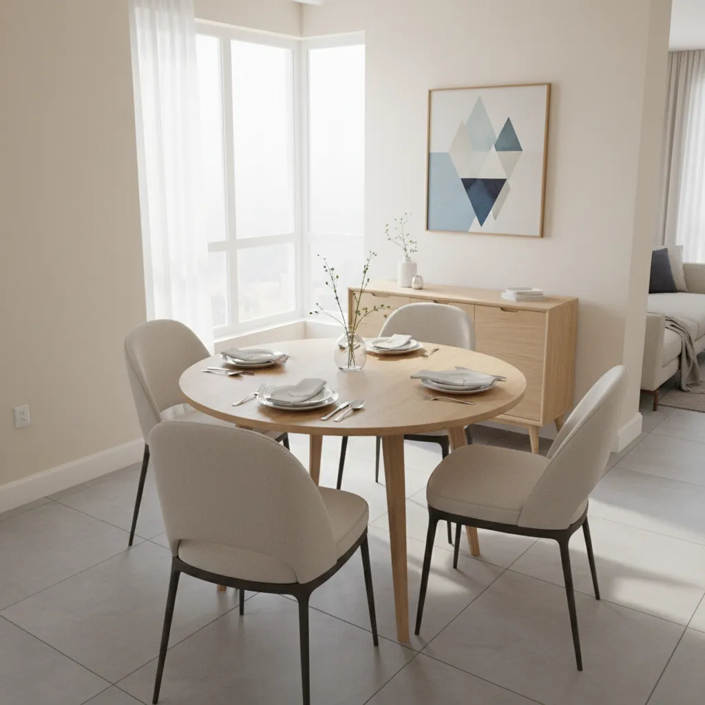 Round dining table seating four people comfortably in a small apartment