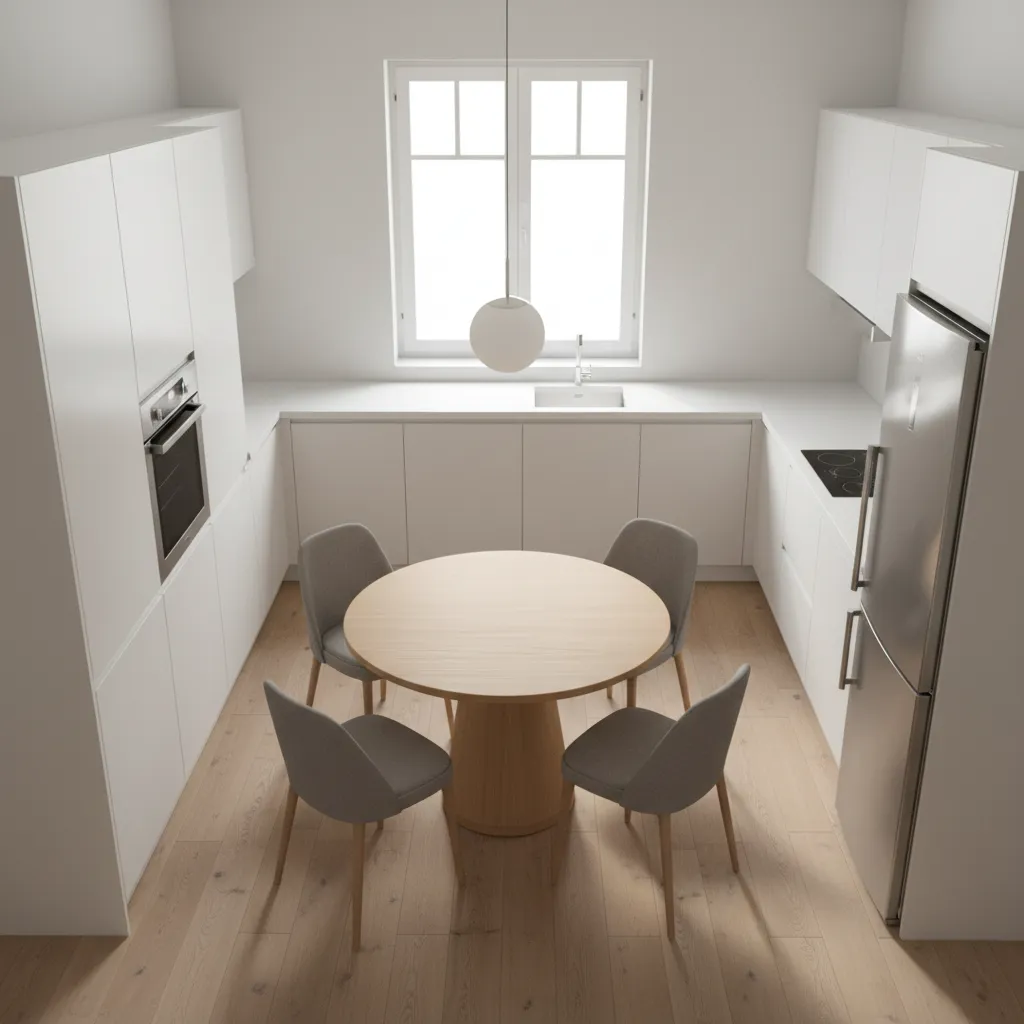 small kitchen with round center table improving movement space