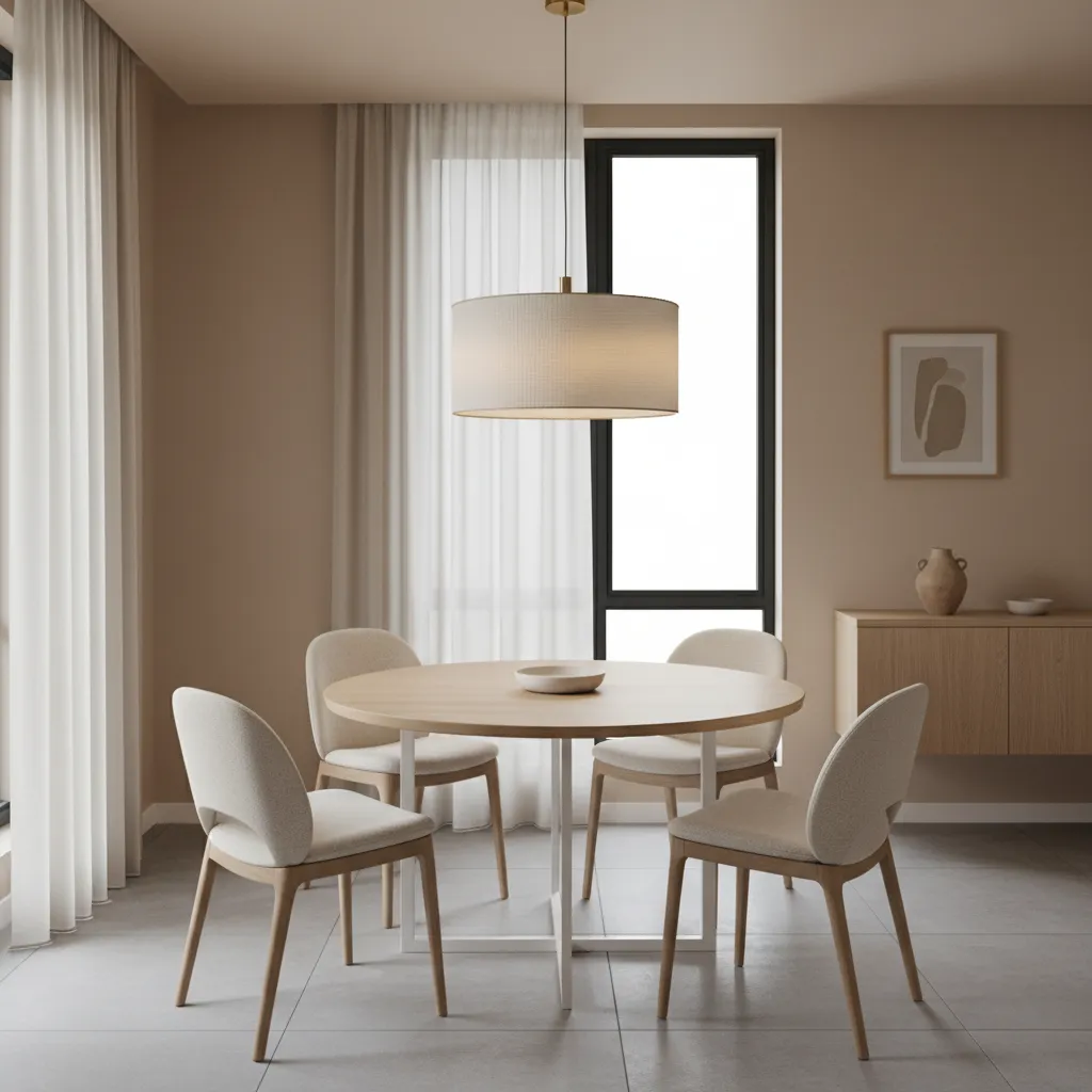 round dining table with properly scaled pendant light above in a small dining space