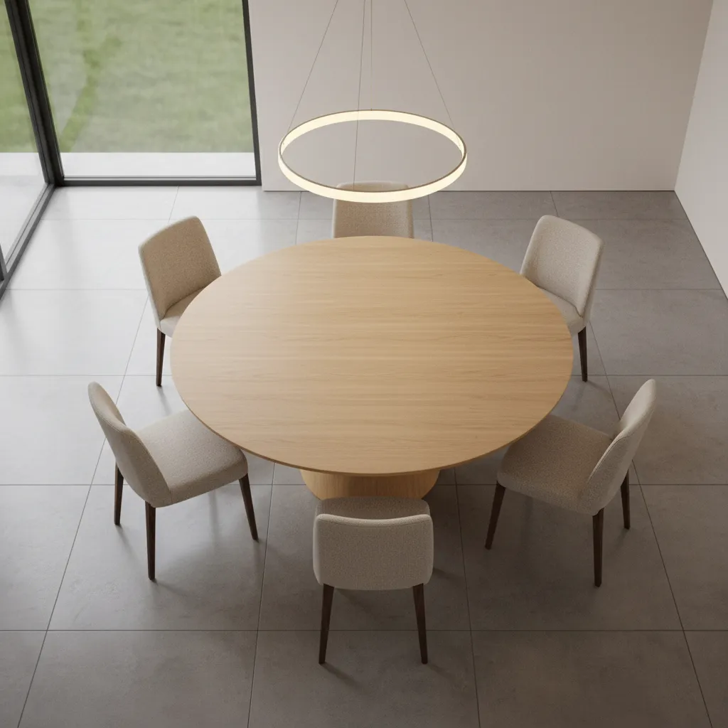 Round dining table seating six people evenly spaced