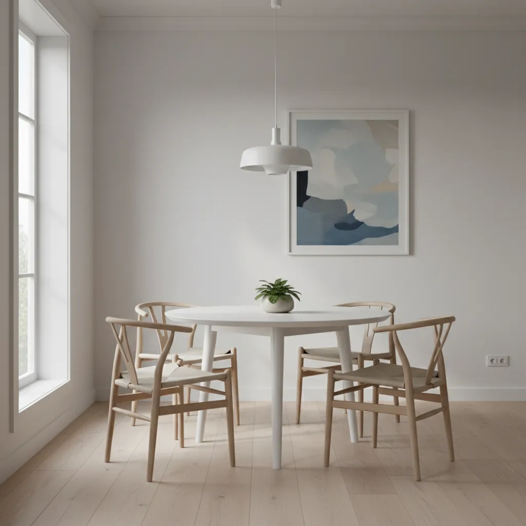 42 inch round dining table with four chairs showing comfortable seating spacing