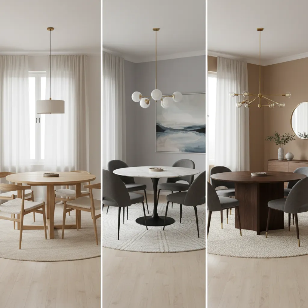 comparison of 36, 42, and 48 inch round dining tables in a small room layout