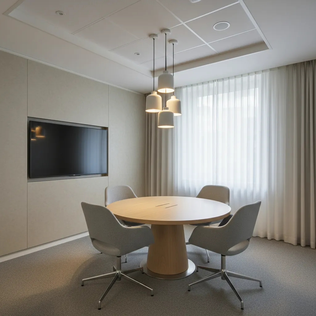 Small conference room with round meeting table improving circulation space
