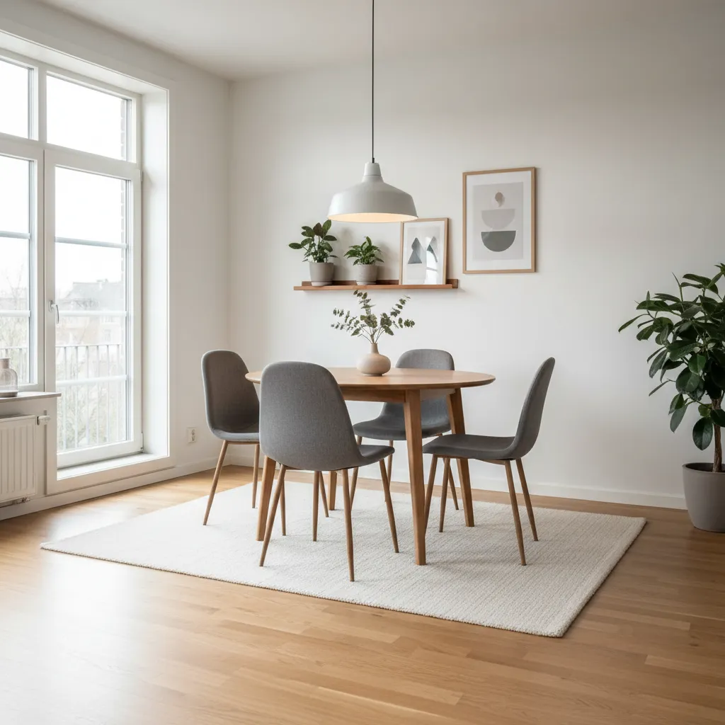 Minimalist dining room featuring round wooden table four grey chairs white rug and ceiling light