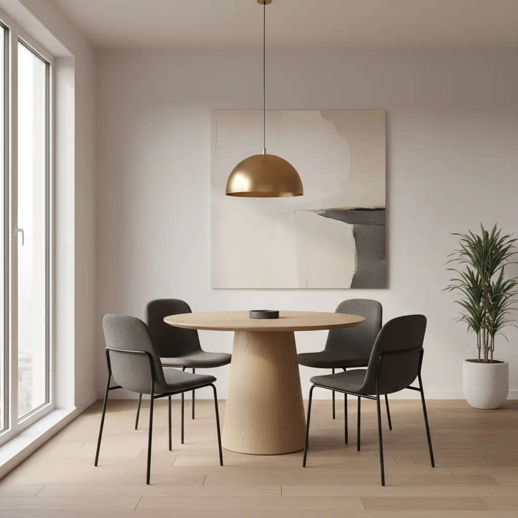 Round dining table layout in a small modern dining room