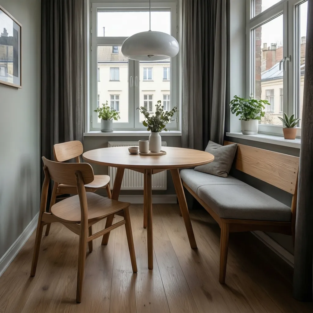 Mesa redonda en un comedor pequeño con decoración minimalista