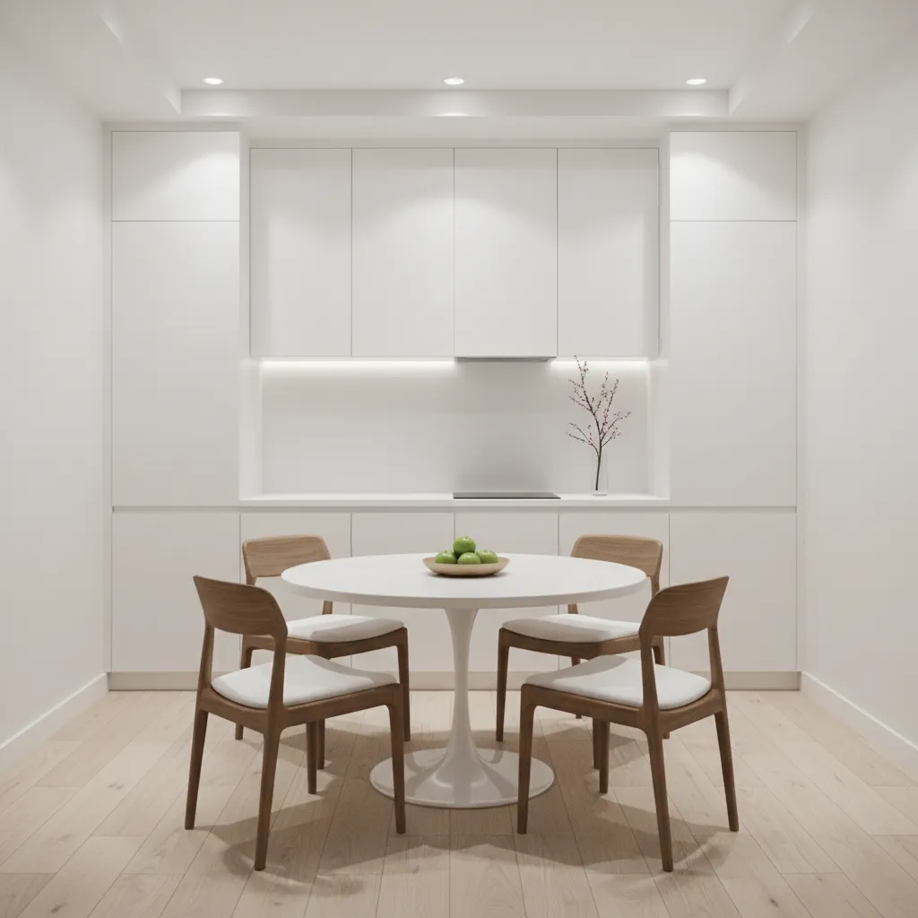 round dining table in compact kitchen showing circulation space