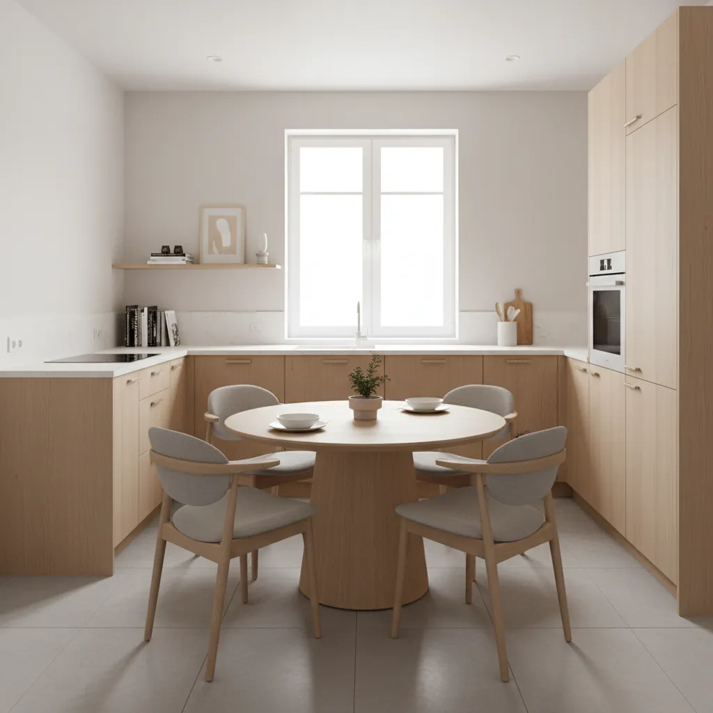 Small kitchen with a round dining table improving movement space