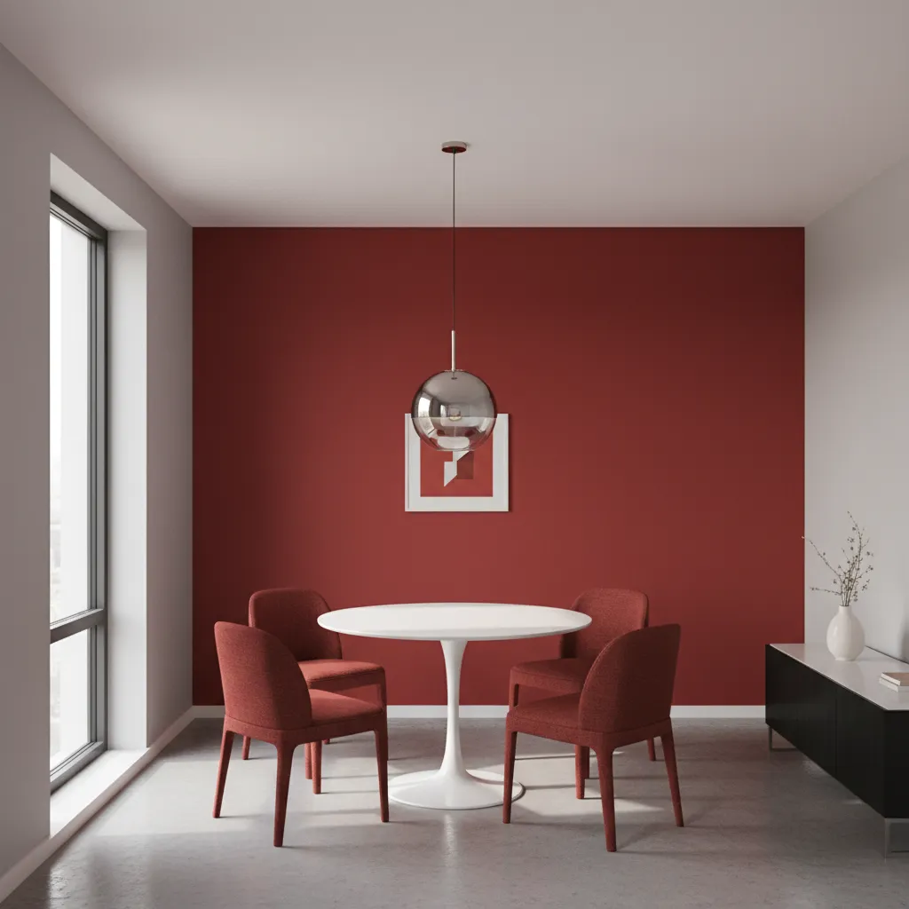 Round dining table in small red dining space