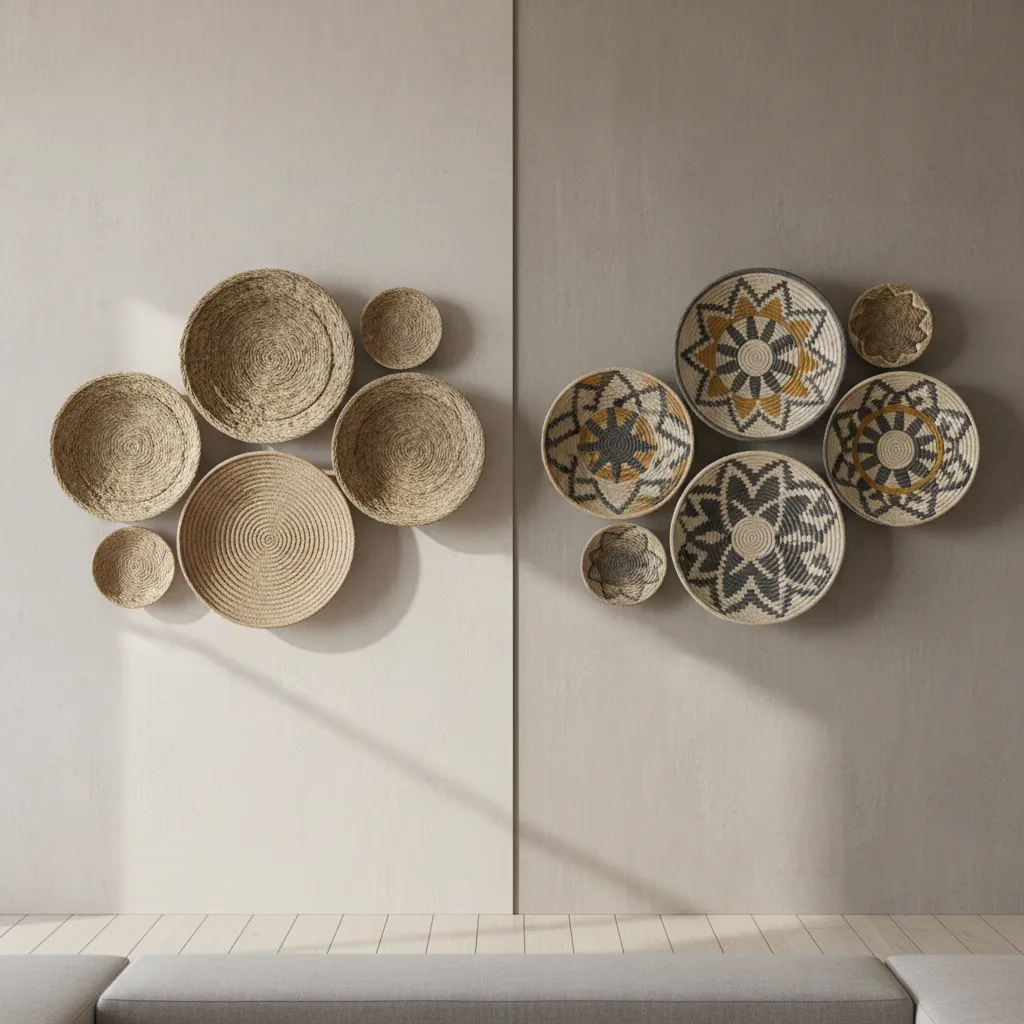 Comparison of round neutral baskets and patterned decorative baskets on wall