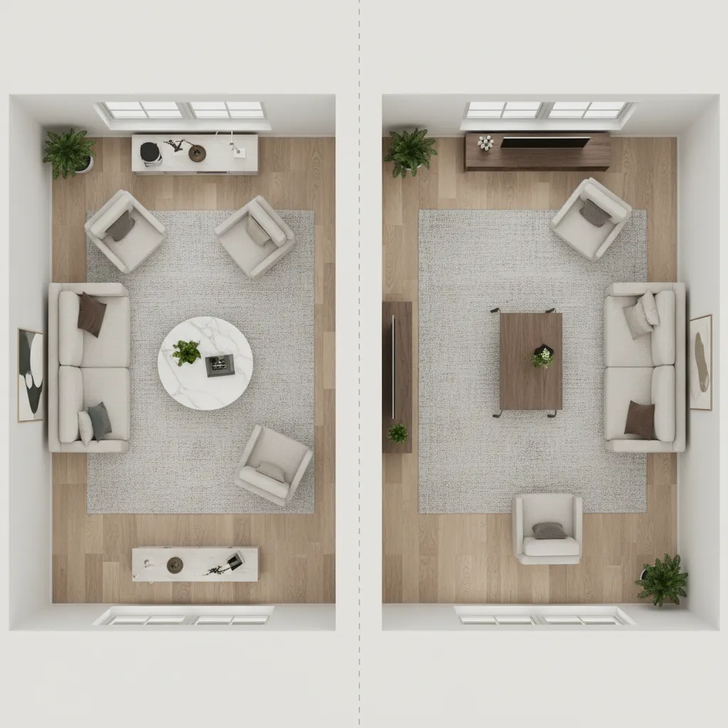 Top down room layout comparison between a round white table and a rectangular wooden table
